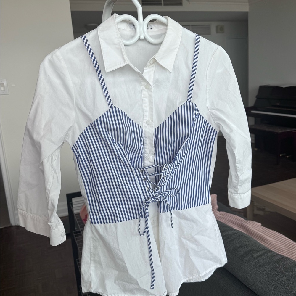White Shirt with Blue Striped Corset Overlay